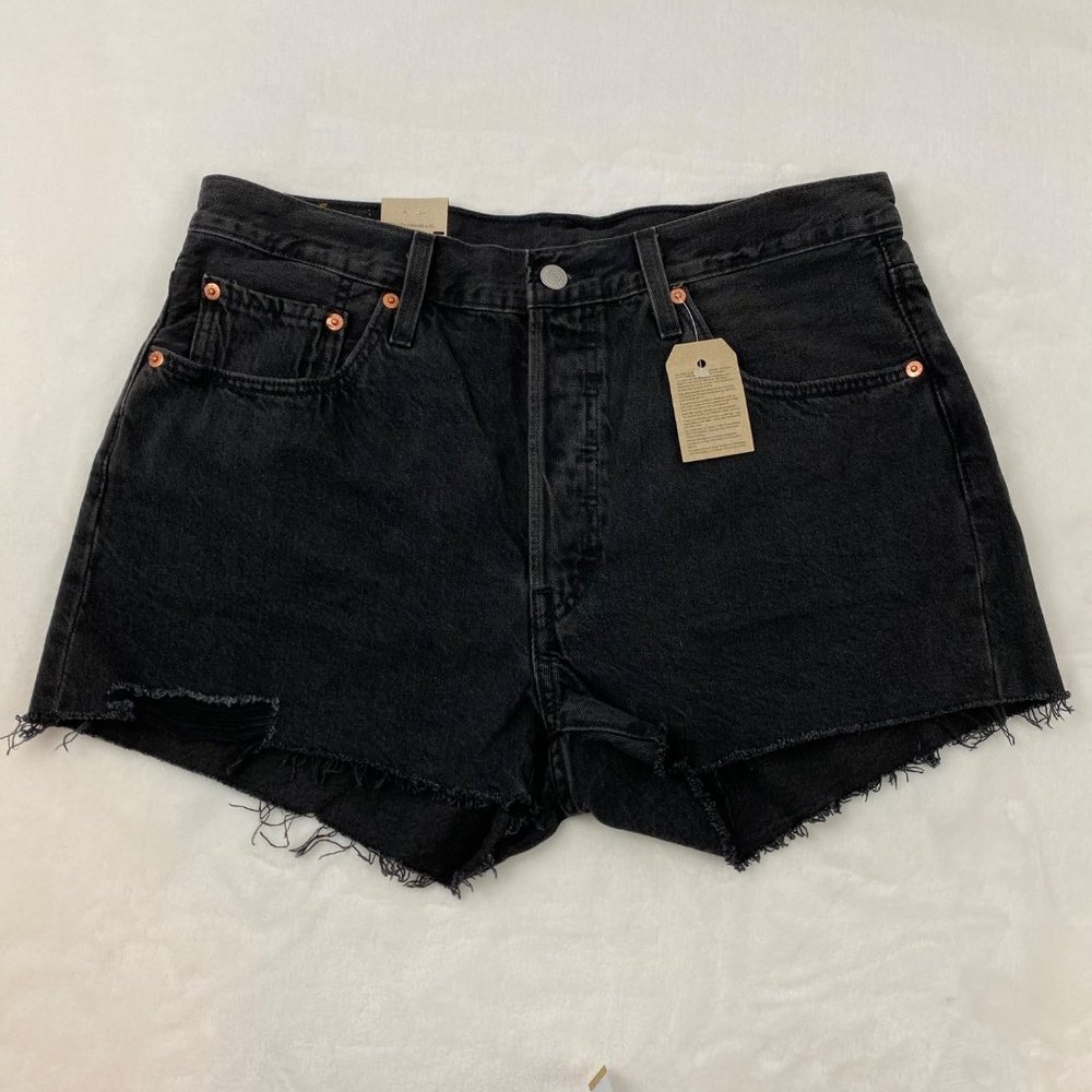 Levi's 501 Original High Rise Button Fly Distressed Denim Black Jean Shorts 32"